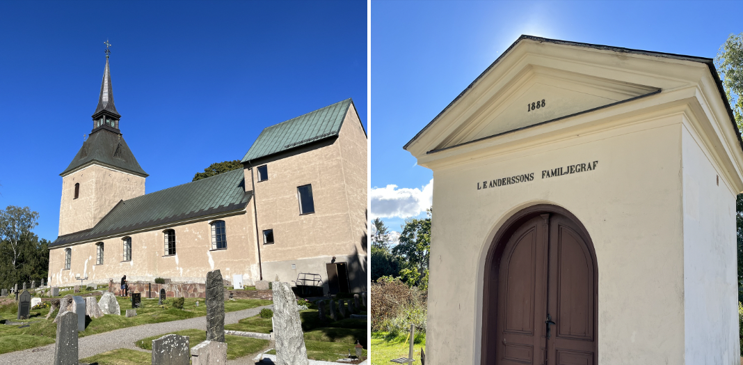 Brännkyrka kyrkogård vid Älvsjö Solberga. LE Andersssons gravkor som spelar en viktig roll i romanen Danssjukan